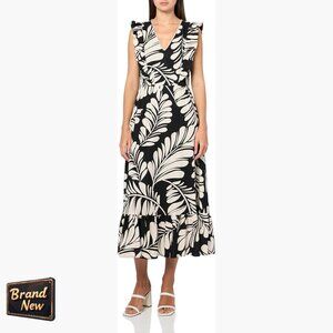 V-Neck Ruffle Sleeve Modern Midi Dress, Casual Style, Women's Size